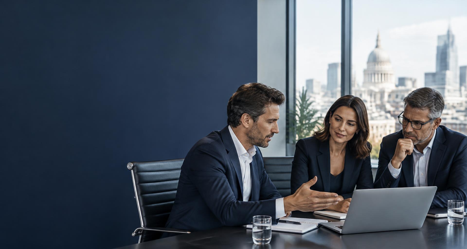 Sales professionals collaborating around a laptop